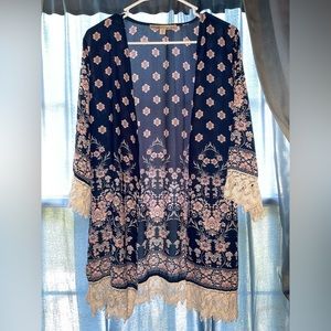 Blue and pink with cream lace shawl